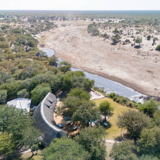Aerial view of Leroo La Tau and herds on the Boteti River