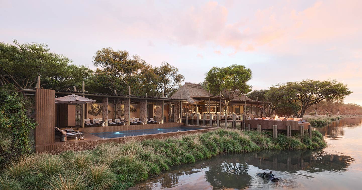 Aerial view of Sediba Sa Rona luxury safari lodge on the Khwai River, Moremi Game Reserve