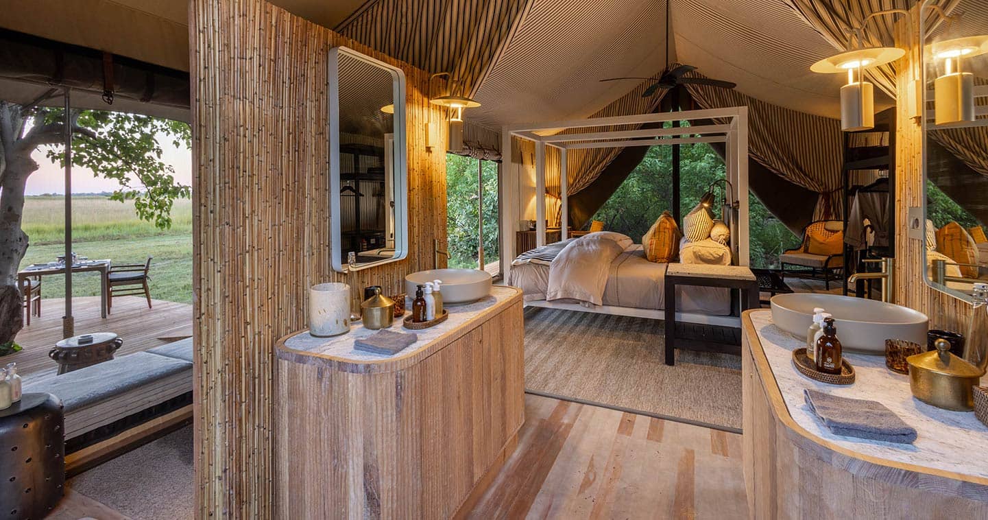Luxury en-suite bathroom at Monachira Camp in Moremi Game Reserve