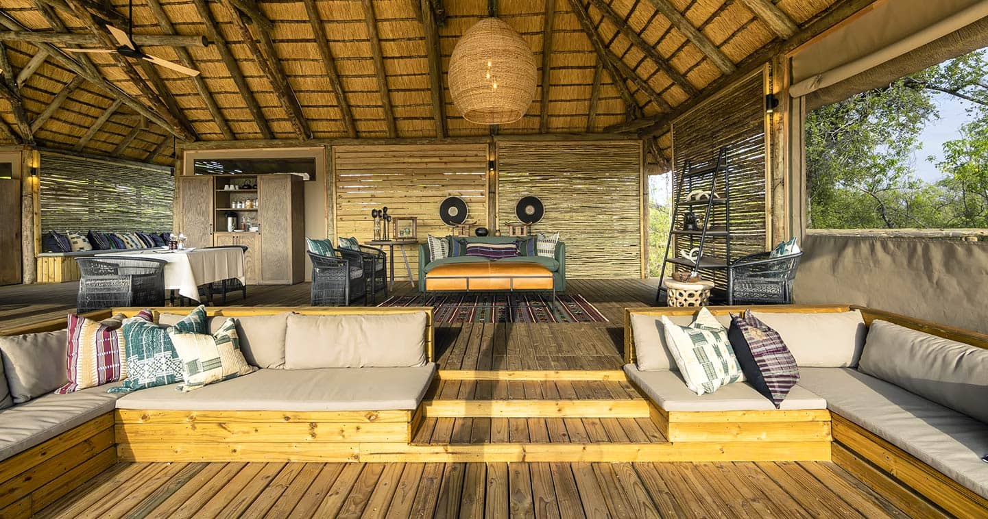Camp Khwai lounge area overlooking the Khwai River in Botswana