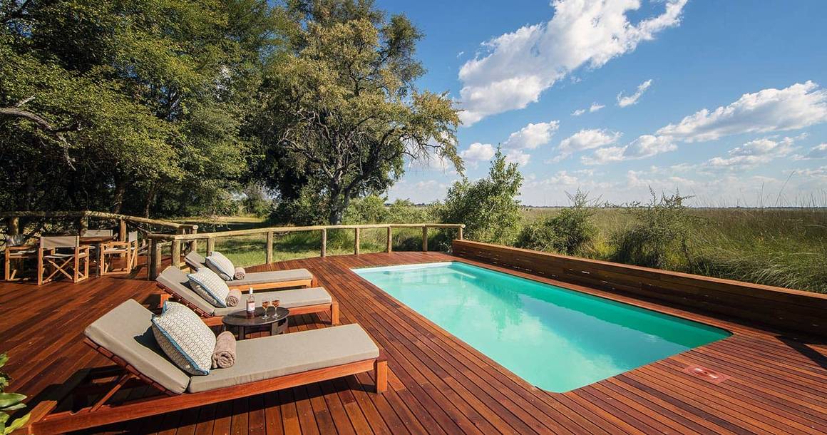 Camp Moremi pool deck overlooking the Moremi floodplain