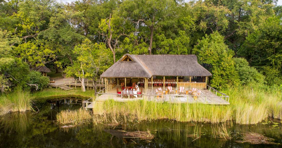 Camp Xakanaxa main deck and dining area beside the Moremi lagoon
