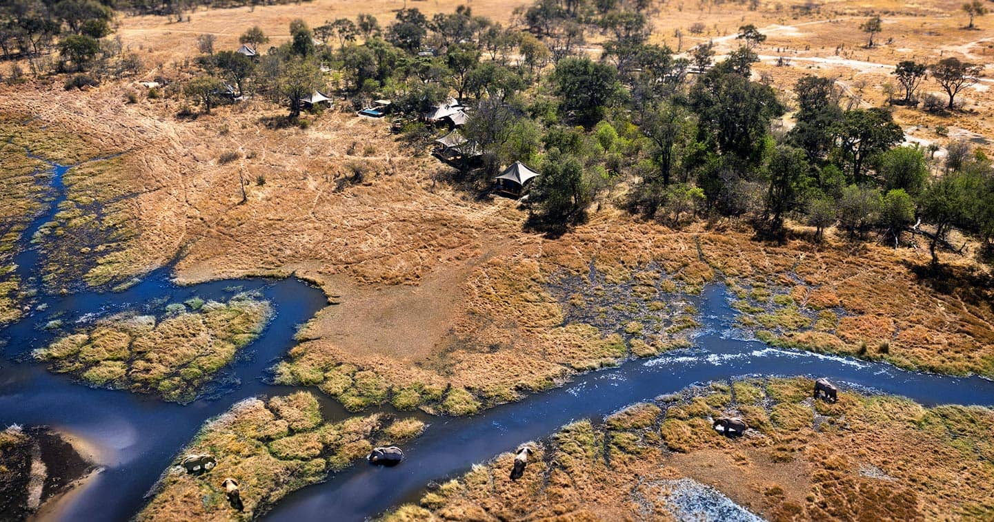 Aerial view of Khwai Lediba safari camp on the Khwai River, Moremi Game Reserve