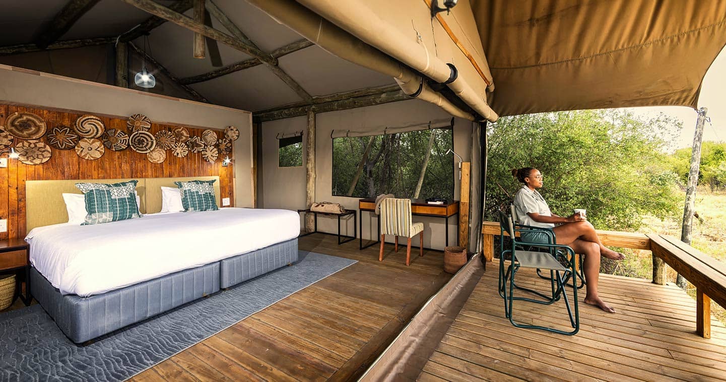 Luxury safari tent with private deck at Camp Khwai, Botswana