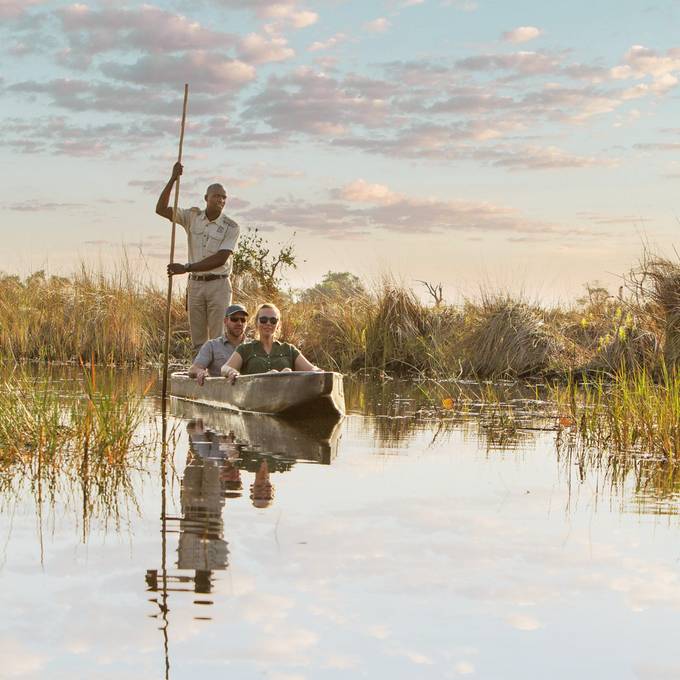 Mokoro excursion with guide poling through Okavango Delta channels