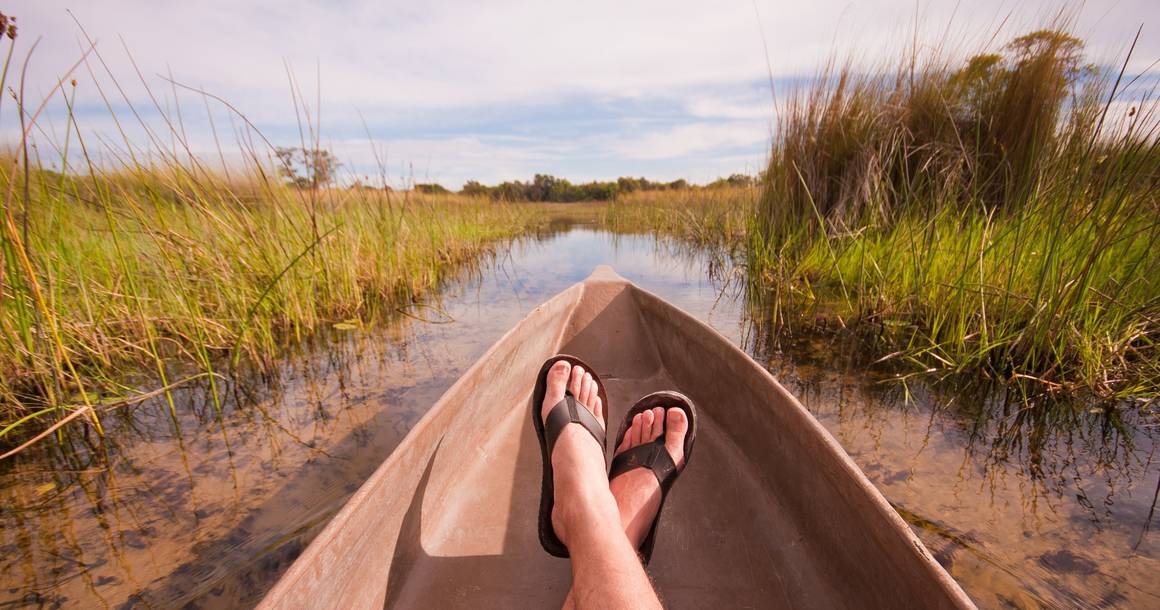 Mokoro gliding through a papyrus-lined channel in the Okavango Delta