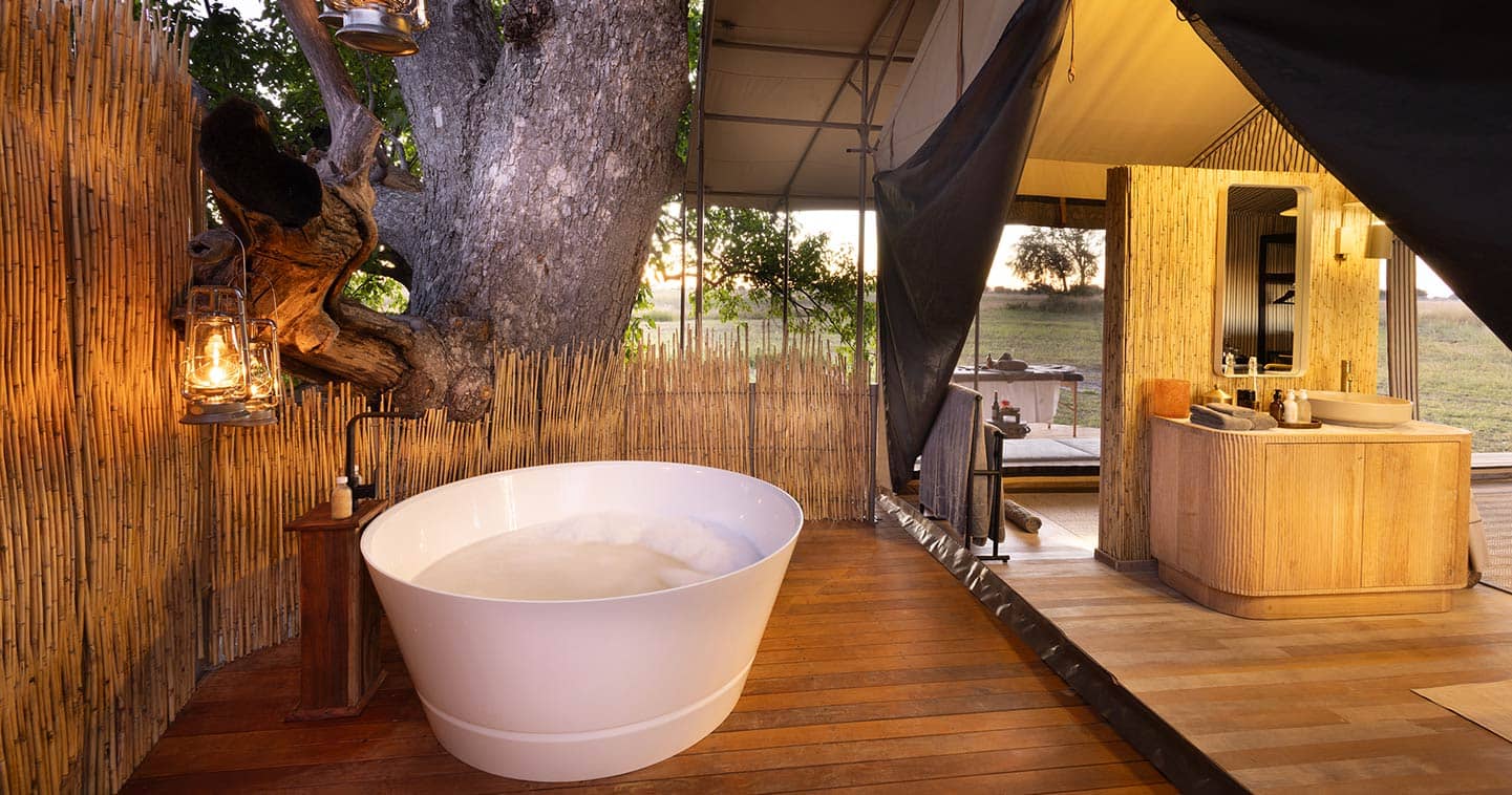 Stylish bathroom design at Monachira Camp in Botswana’s Moremi Game Reserve