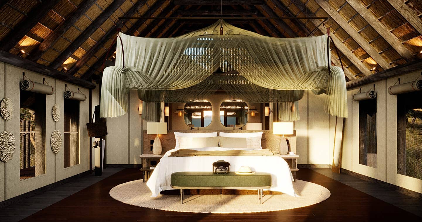 Spacious bedroom at Sediba Sa Rona luxury tented camp, Moremi Game Reserve