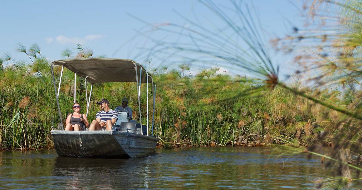 Motorboat with guests among papyrus on an Okavango Delta channel