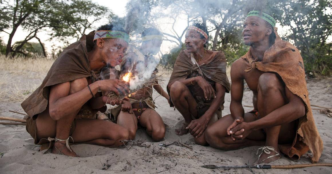 San Bushmen demonstrating fire-making near Meno a Kwena