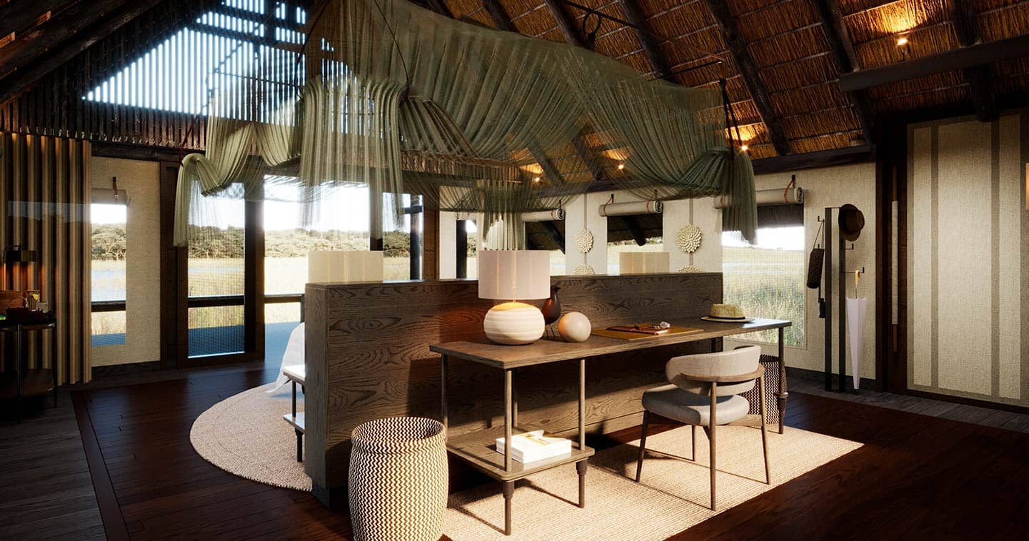 Elegant lounge and dining area at Sediba Sa Rona in Botswana’s Moremi Game Reserve