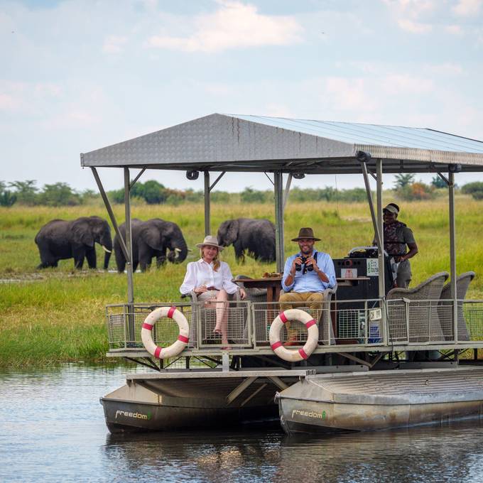 Solar safari boat near elephants on the Chobe River