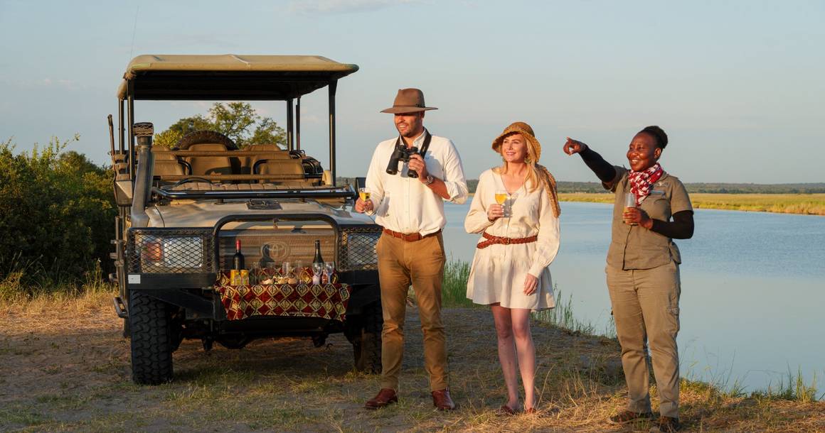 Sundowner stop with Chobe Angel guide by the Chobe River
